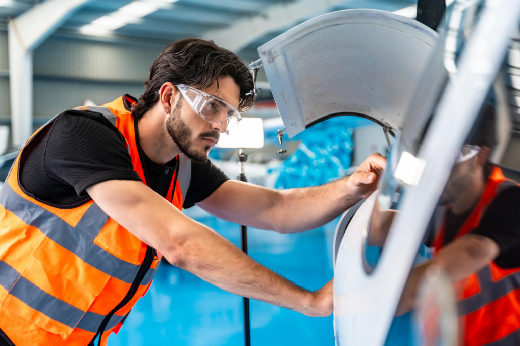 Male aircraft mechanic performing maintenance inspection in hangar